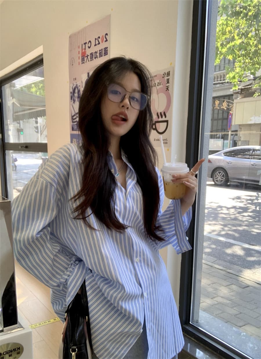 빅 사이즈 스트라이프 셔츠 재킷 한 부서 chic 얇은 스타일 ins 바람 루즈핏 긴팔 녹색 맨위