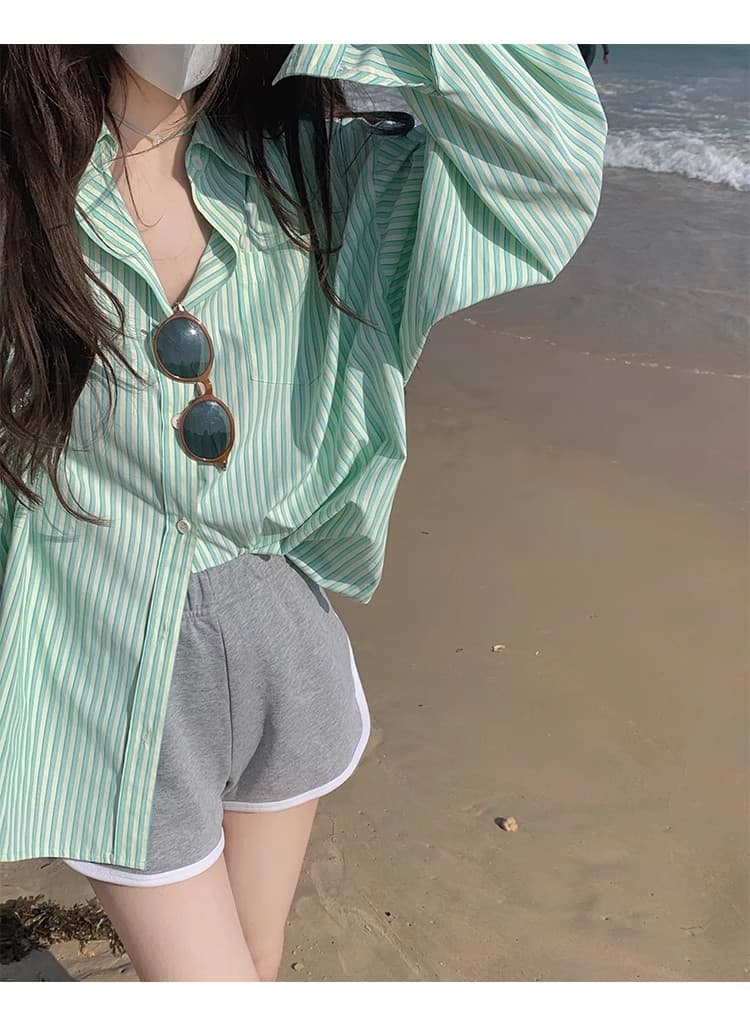 빅 사이즈 스트라이프 셔츠 재킷 한 부서 chic 얇은 스타일 ins 바람 루즈핏 긴팔 녹색 맨위 상세 이미지 4