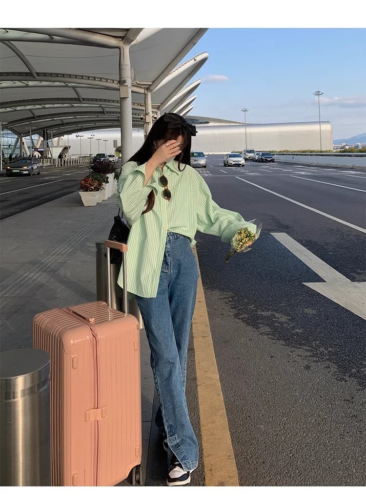 빅 사이즈 스트라이프 셔츠 재킷 한 부서 chic 얇은 스타일 ins 바람 루즈핏 긴팔 녹색 맨위 상세 이미지 6