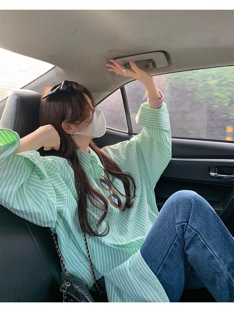 빅 사이즈 스트라이프 셔츠 재킷 한 부서 chic 얇은 스타일 ins 바람 루즈핏 긴팔 녹색 맨위 상세 이미지 7
