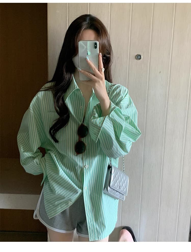 빅 사이즈 스트라이프 셔츠 재킷 한 부서 chic 얇은 스타일 ins 바람 루즈핏 긴팔 녹색 맨위 상세 이미지 8