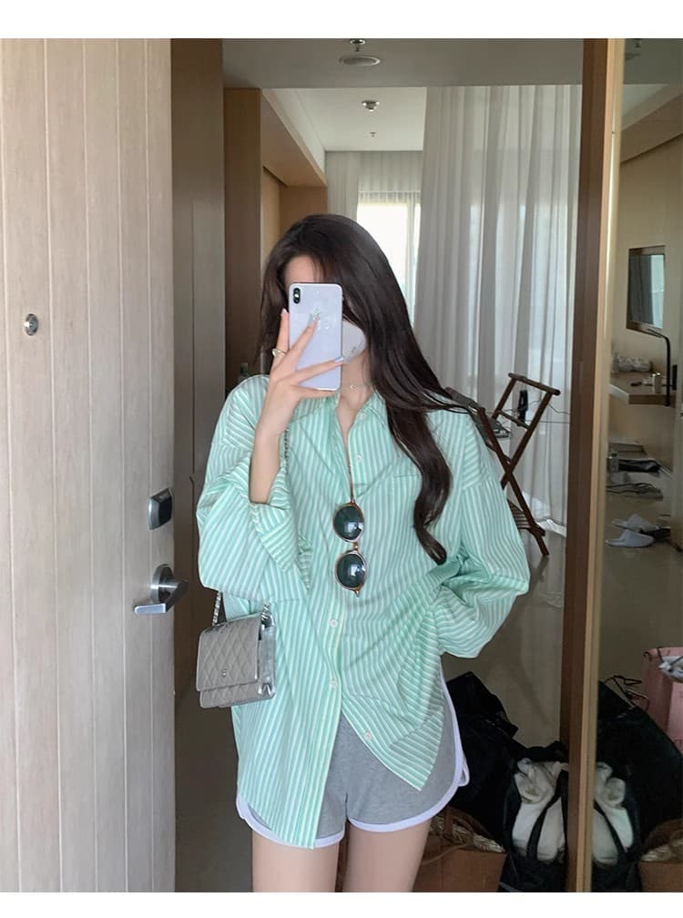 빅 사이즈 스트라이프 셔츠 재킷 한 부서 chic 얇은 스타일 ins 바람 루즈핏 긴팔 녹색 맨위 상세 이미지 9