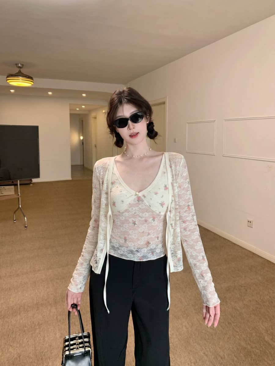 빅 사이즈 부드러운 바람 레이스 꽃무늬 V넥 조끼 여름 새로운 자외선 차단 레이스업 오픈 가디건 맨위 투피스 세트 이미지 3