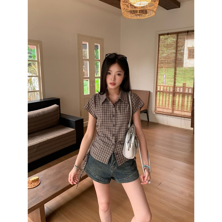 빅 사이즈 체크무늬 POLO 칼라 반팔 여성 셔츠 여름 한 부서 몸매 가꾸기 슬림해 보이는 허리 수축 셔츠 커피 색상 맨위
