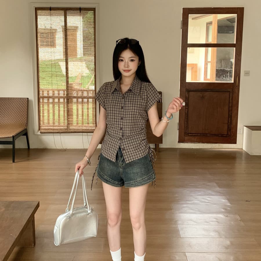빅 사이즈 체크무늬 POLO 칼라 반팔 여성 셔츠 여름 한 부서 몸매 가꾸기 슬림해 보이는 허리 수축 셔츠 커피 색상 맨위 이미지 5