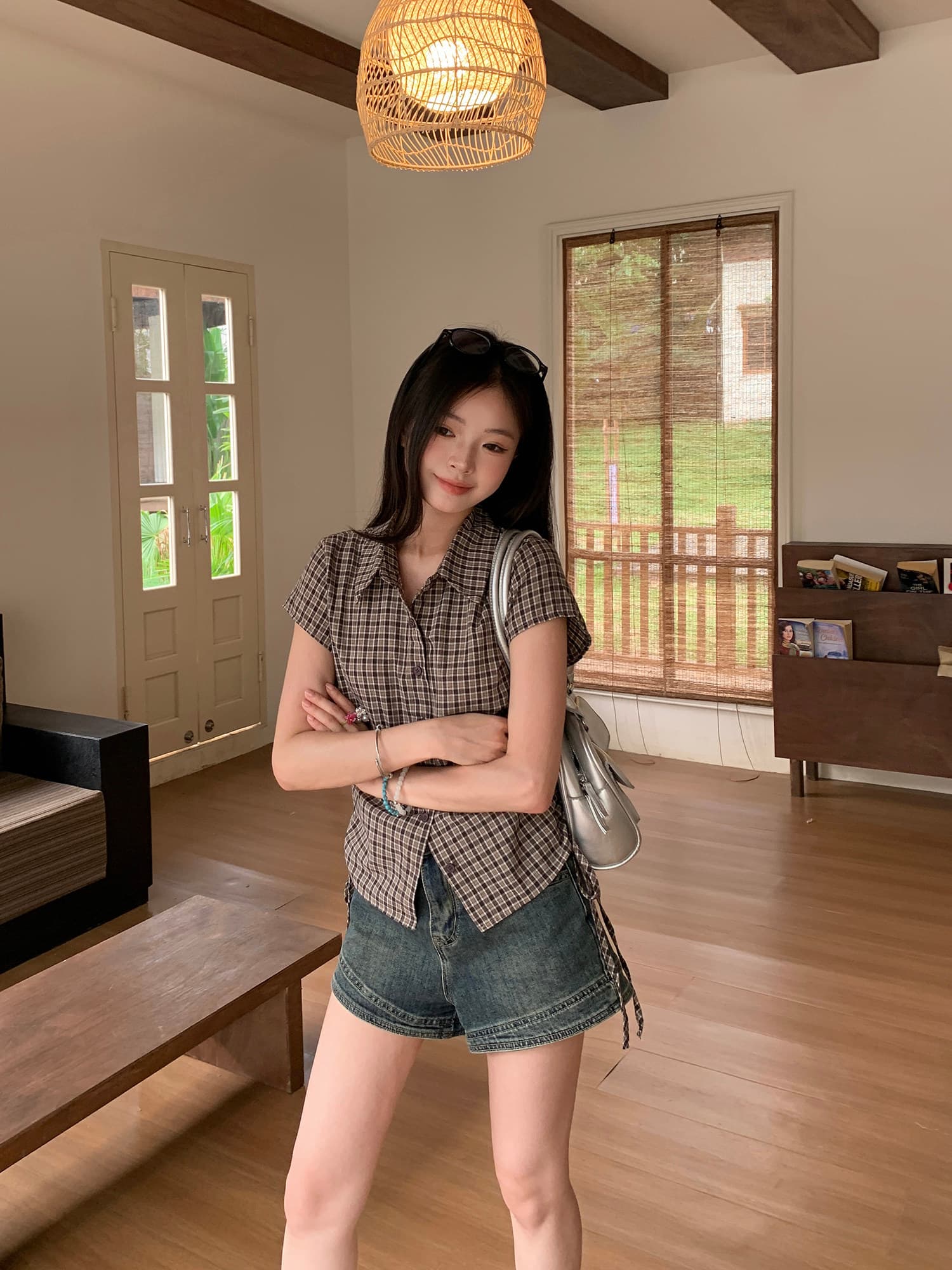 빅 사이즈 체크무늬 POLO 칼라 반팔 여성 셔츠 여름 한 부서 몸매 가꾸기 슬림해 보이는 허리 수축 셔츠 커피 색상 맨위 상세 이미지 9