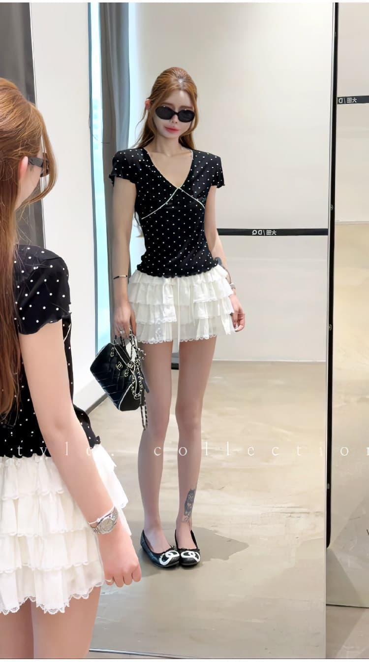 빅 사이즈 한 부서 달콤함 레트로 도트 무늬 V넥 반팔 티셔츠 여성 여름 외국 가스 몸매 가꾸기 슬림해 보이는 다용도 맨위 상세 이미지 9