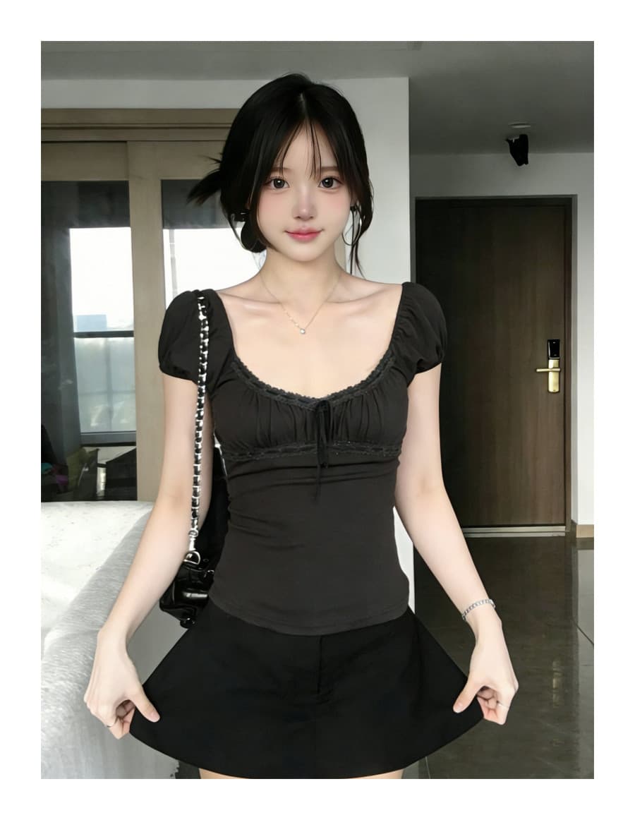 빅 사이즈 회색 긍정적 인 어깨 u 칼라 반팔 티셔츠 여성 여름 레이스 레이스 핫걸 작은 셔츠 몸매 가꾸기 허리 수축 맨위 이미지 3