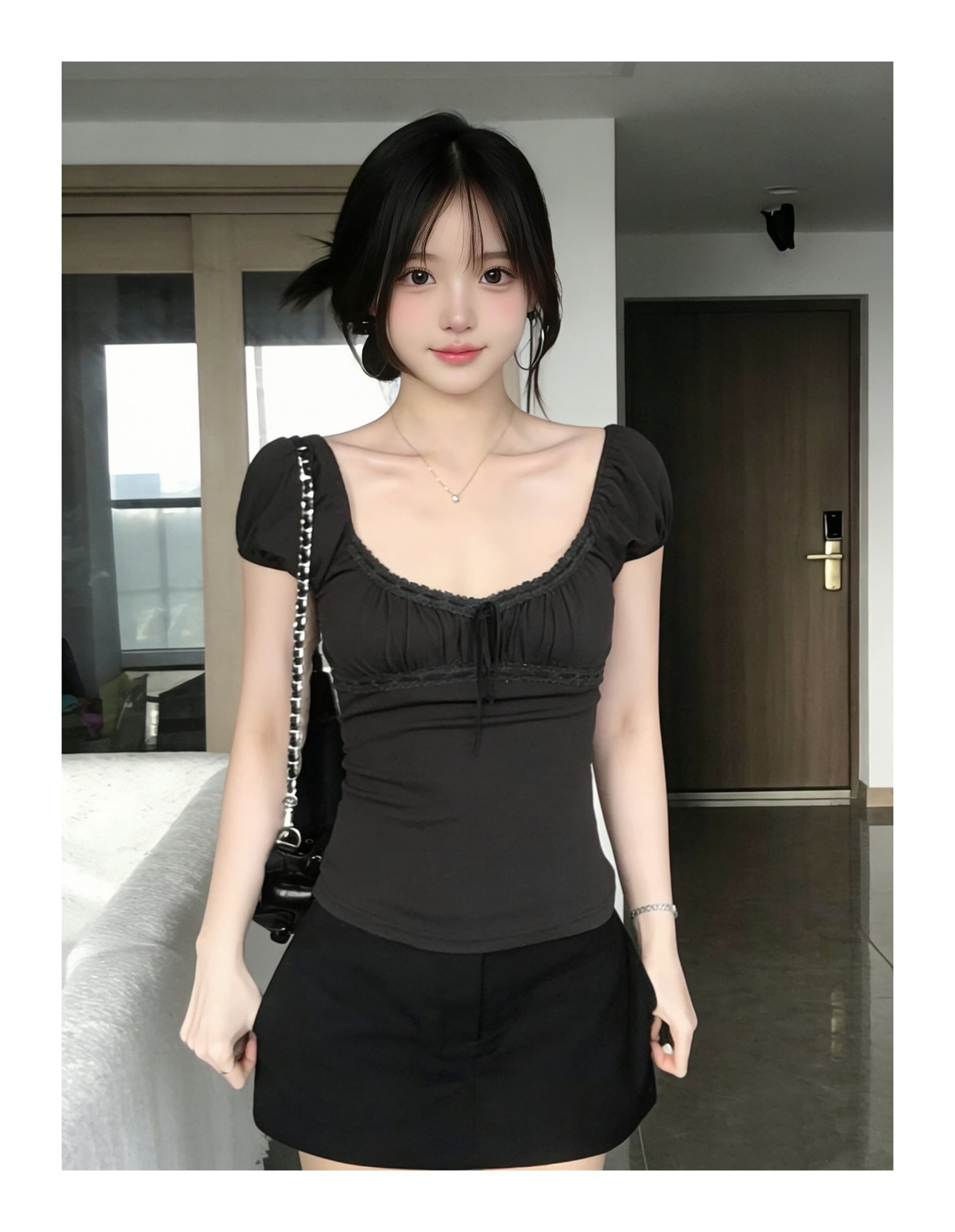 빅 사이즈 회색 긍정적 인 어깨 u 칼라 반팔 티셔츠 여성 여름 레이스 레이스 핫걸 작은 셔츠 몸매 가꾸기 허리 수축 맨위 상세 이미지 1