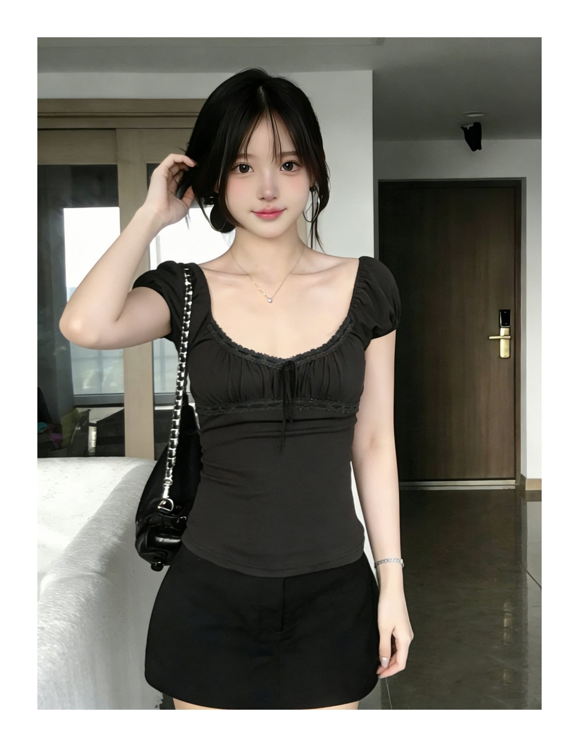 빅 사이즈 회색 긍정적 인 어깨 u 칼라 반팔 티셔츠 여성 여름 레이스 레이스 핫걸 작은 셔츠 몸매 가꾸기 허리 수축 맨위 상세 이미지 2