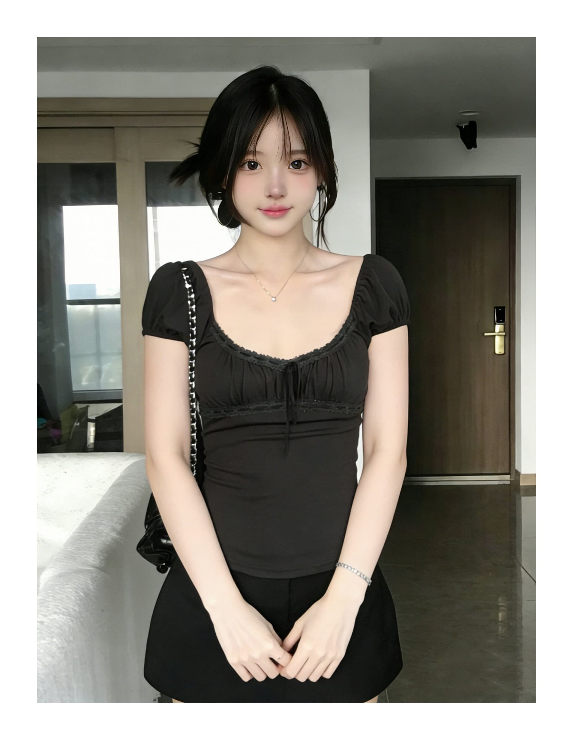 빅 사이즈 회색 긍정적 인 어깨 u 칼라 반팔 티셔츠 여성 여름 레이스 레이스 핫걸 작은 셔츠 몸매 가꾸기 허리 수축 맨위 상세 이미지 4