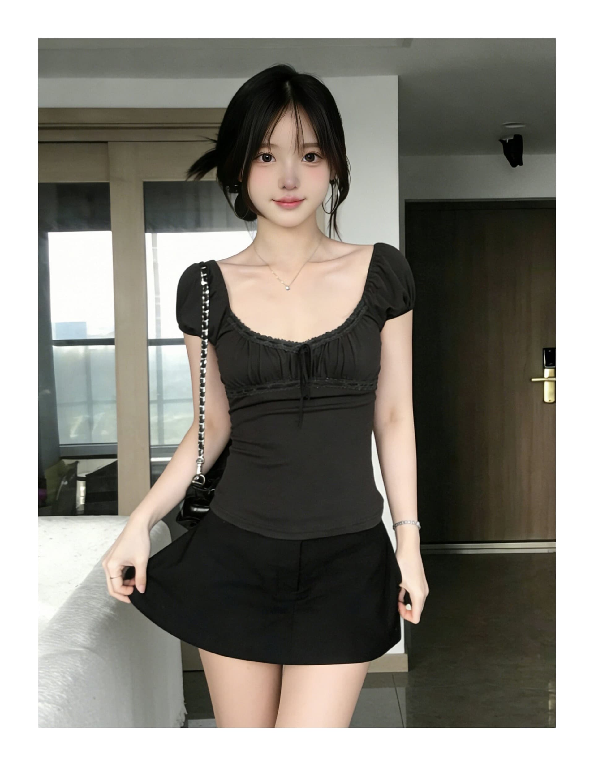 빅 사이즈 회색 긍정적 인 어깨 u 칼라 반팔 티셔츠 여성 여름 레이스 레이스 핫걸 작은 셔츠 몸매 가꾸기 허리 수축 맨위 상세 이미지 5