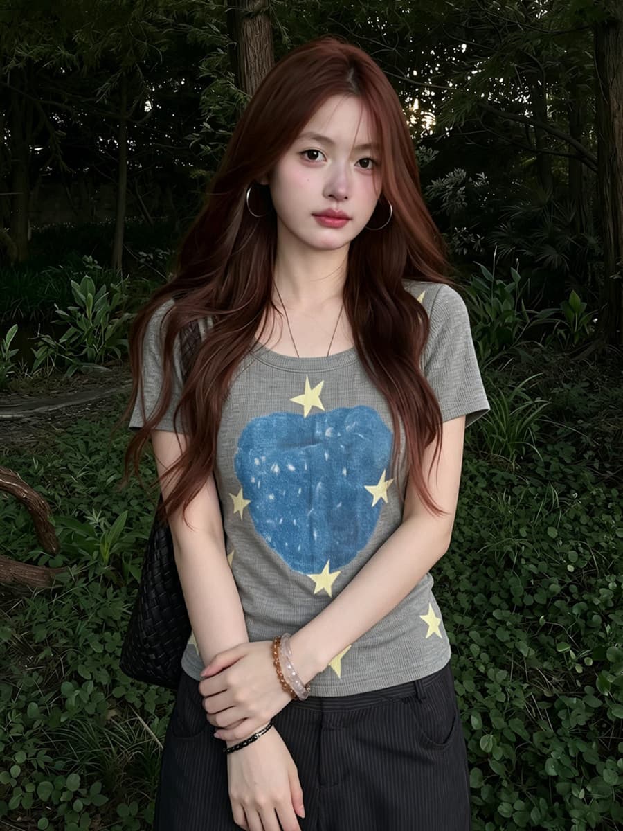 빅 사이즈 한 부서 회색 별 프린트 반팔 티셔츠 여성 여름 새로운 디자인 센스 맨위 핫걸 착용 가져 가라. 이미지 4