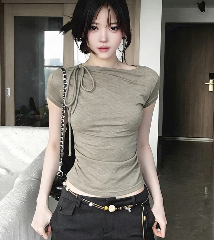 빅 사이즈 한 부서 작은 대중 주름 스트랩 반팔 티셔츠 여성 여름 몸매 가꾸기 슬림해 보이는 자이언트 잘 생긴 허리 수축 긍정적 인 어깨 의류