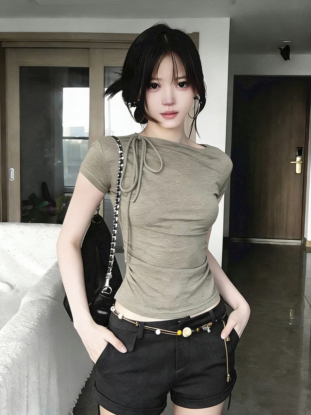 빅 사이즈 한 부서 작은 대중 주름 스트랩 반팔 티셔츠 여성 여름 몸매 가꾸기 슬림해 보이는 자이언트 잘 생긴 허리 수축 긍정적 인 어깨 의류 이미지 2