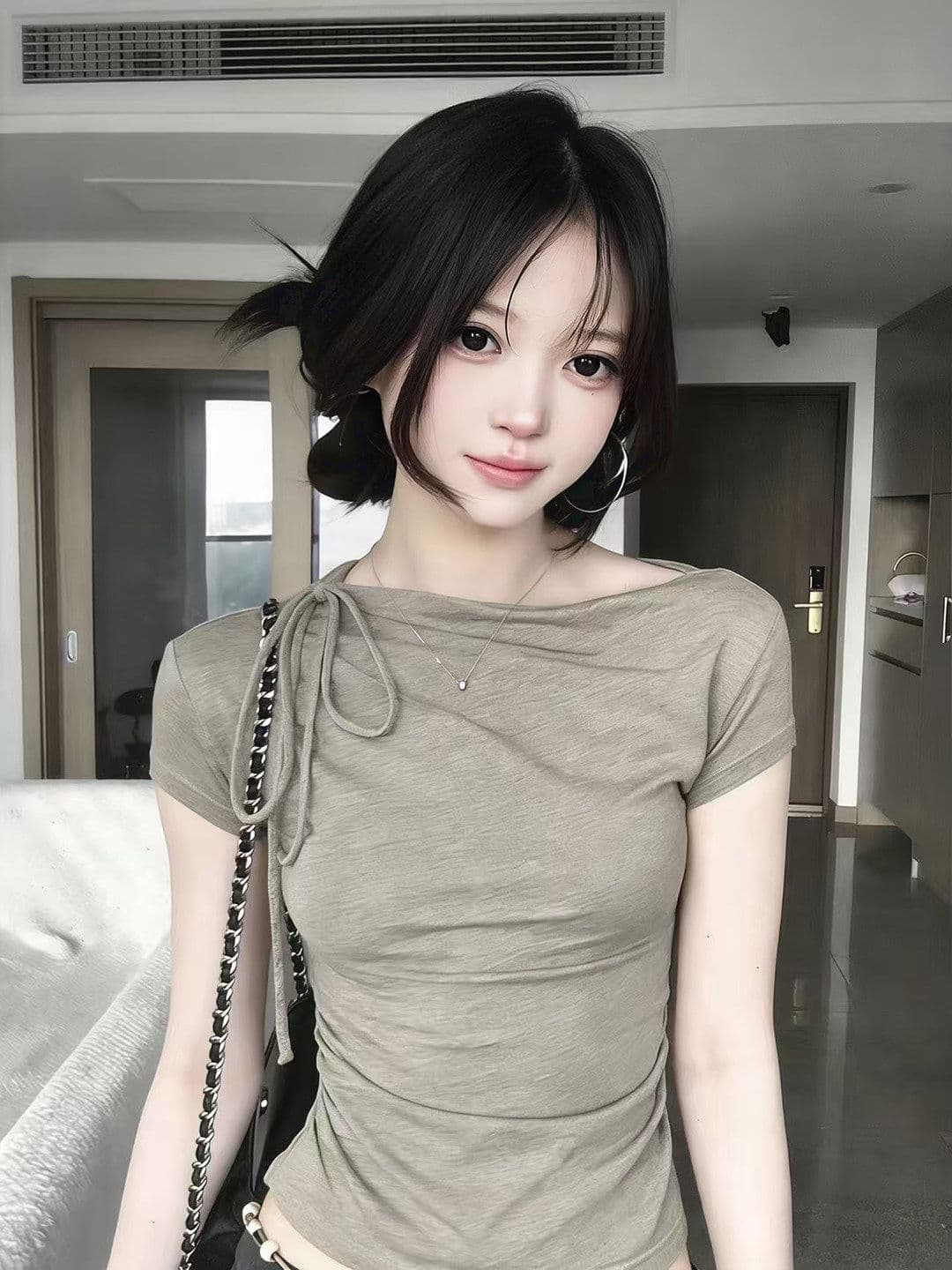 빅 사이즈 한 부서 작은 대중 주름 스트랩 반팔 티셔츠 여성 여름 몸매 가꾸기 슬림해 보이는 자이언트 잘 생긴 허리 수축 긍정적 인 어깨 의류 이미지 4