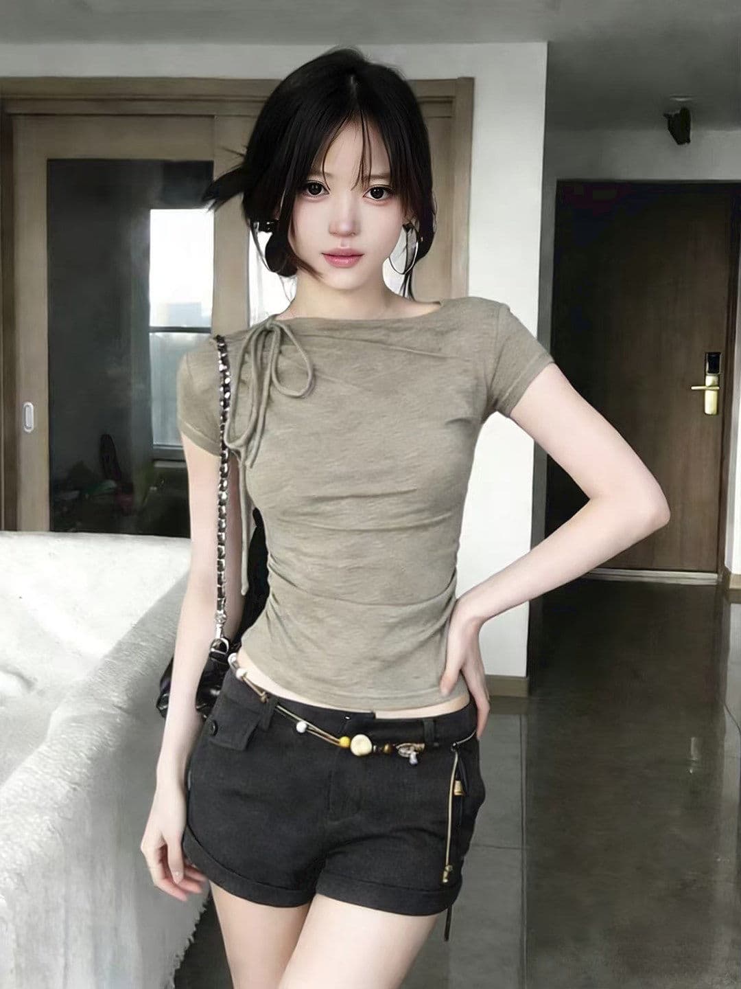 빅 사이즈 한 부서 작은 대중 주름 스트랩 반팔 티셔츠 여성 여름 몸매 가꾸기 슬림해 보이는 자이언트 잘 생긴 허리 수축 긍정적 인 어깨 의류 이미지 3