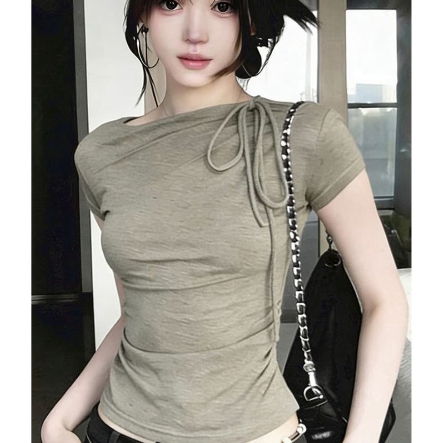 빅 사이즈 한 부서 작은 대중 주름 스트랩 반팔 티셔츠 여성 여름 몸매 가꾸기 슬림해 보이는 자이언트 잘 생긴 허리 수축 긍정적 인 어깨 의류 이미지 5