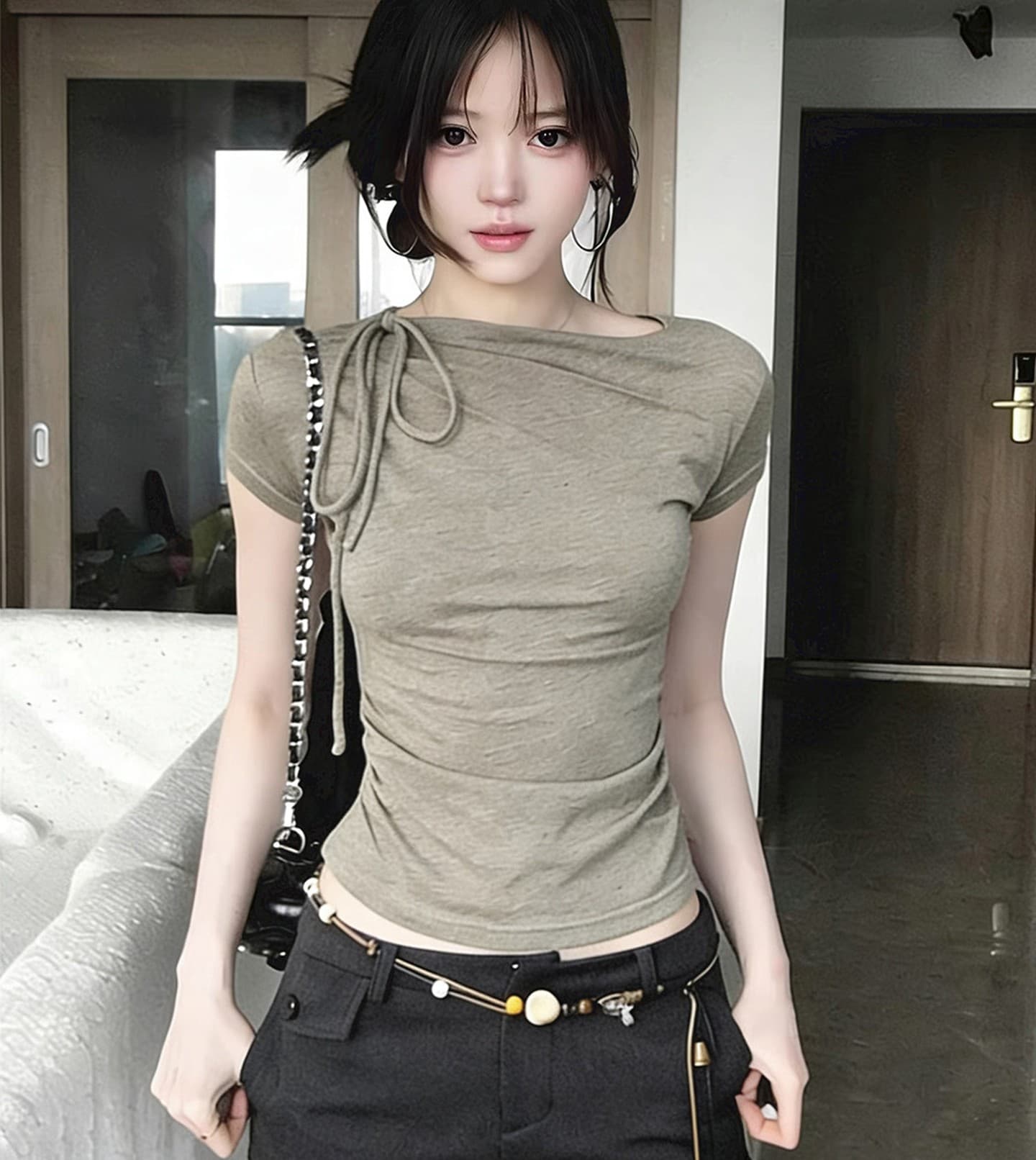 빅 사이즈 한 부서 작은 대중 주름 스트랩 반팔 티셔츠 여성 여름 몸매 가꾸기 슬림해 보이는 자이언트 잘 생긴 허리 수축 긍정적 인 어깨 의류 상세 이미지 2