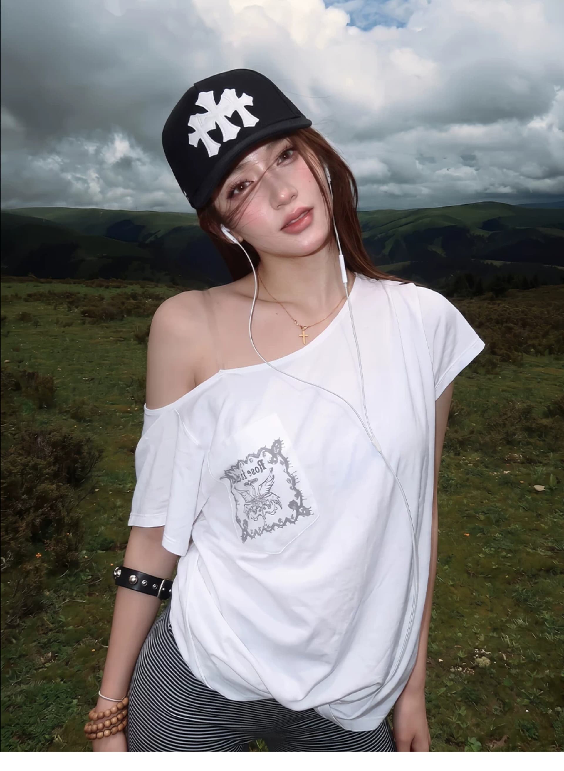 여름 새로운 비스듬한 어깨 주머니 화이트 프린트 티셔츠 출퇴근 캐주얼 바람 다용도 오프숄더 핫걸 몸매 가꾸기 맨위 여성 상세 이미지 4