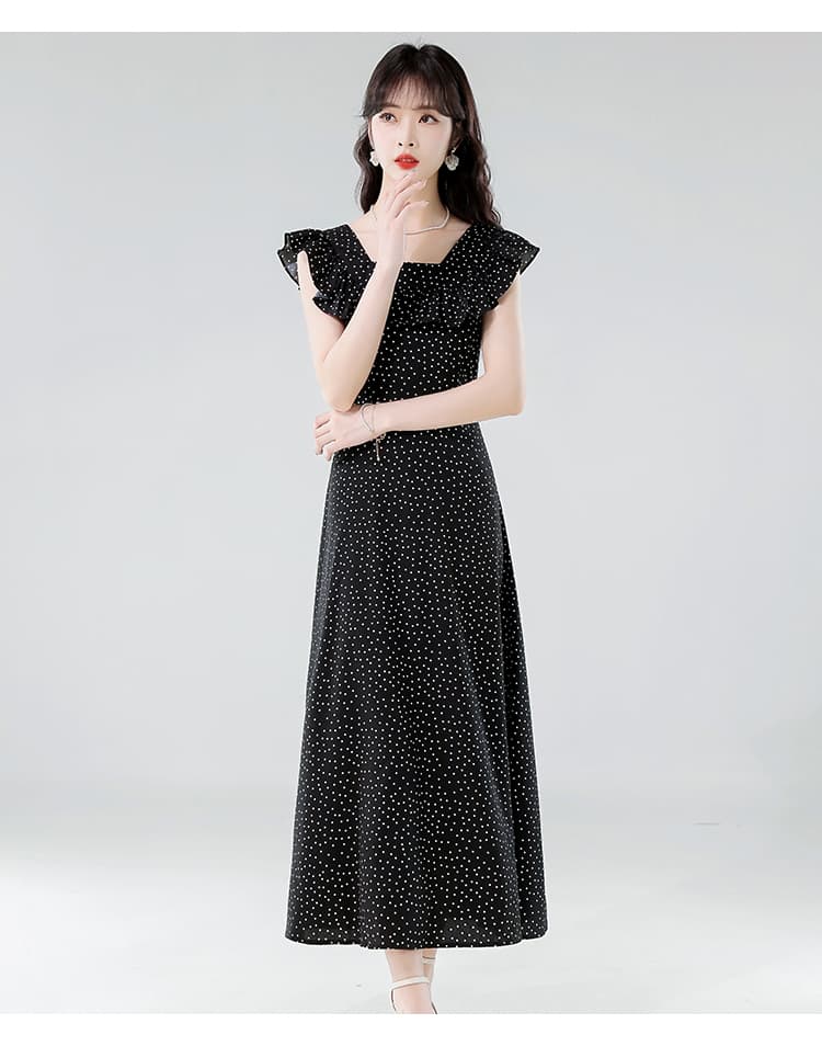 작은 날다 소매 웨이브 포인트 여성 드레스 2025 여름 새로운 프랑스어 고급 센스 허리 민소매 광장 칼라 기질 롱 스커트 상세 이미지 10