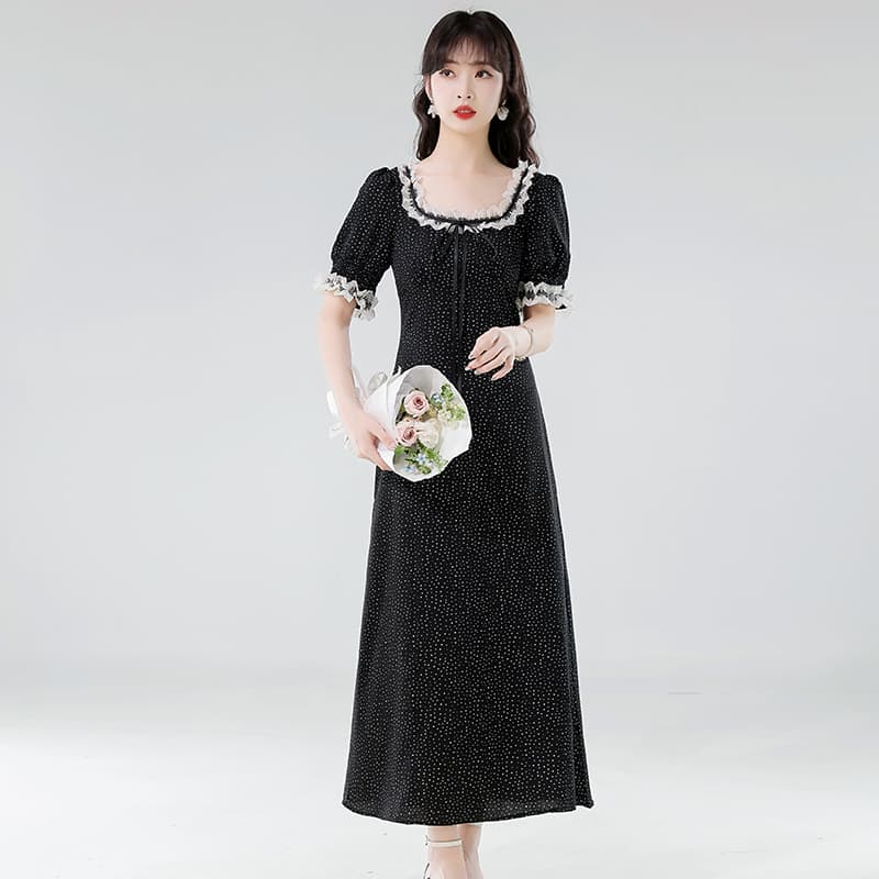 실제 촬영 2025 여름 새로운 검정색 도트 무늬 여성 드레스 레이스 한 부서 chic Chic 착용 가져 가라. 롱 스커트 이미지 4