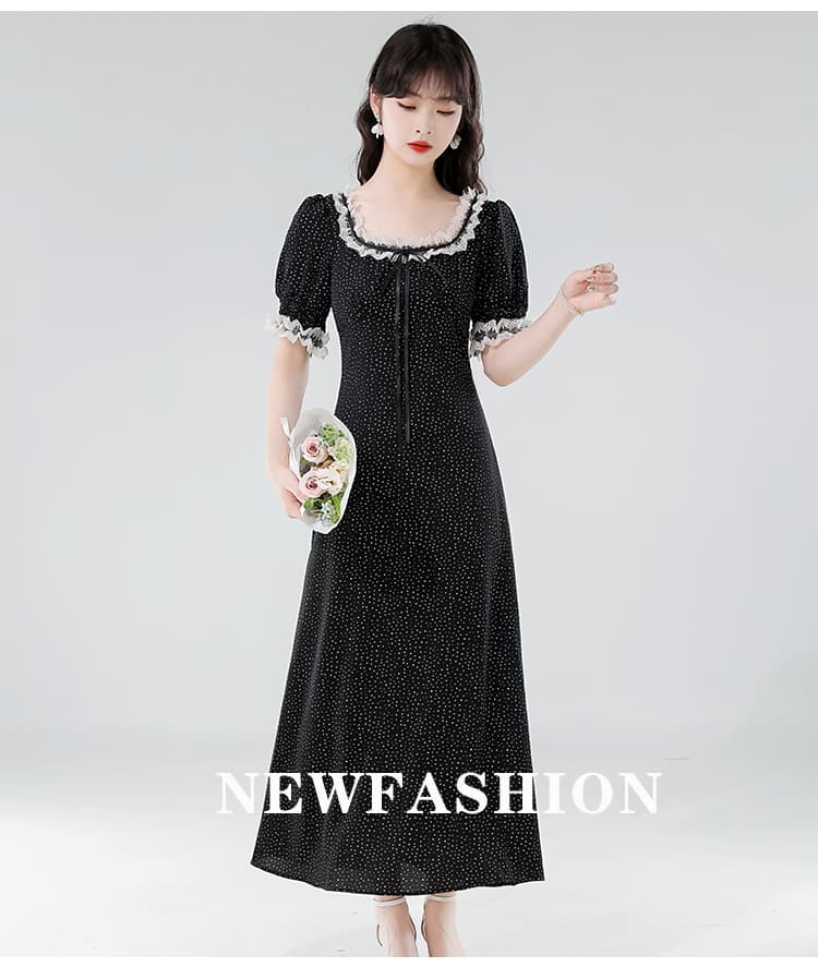 실제 촬영 2025 여름 새로운 검정색 도트 무늬 여성 드레스 레이스 한 부서 chic Chic 착용 가져 가라. 롱 스커트 상세 이미지 12