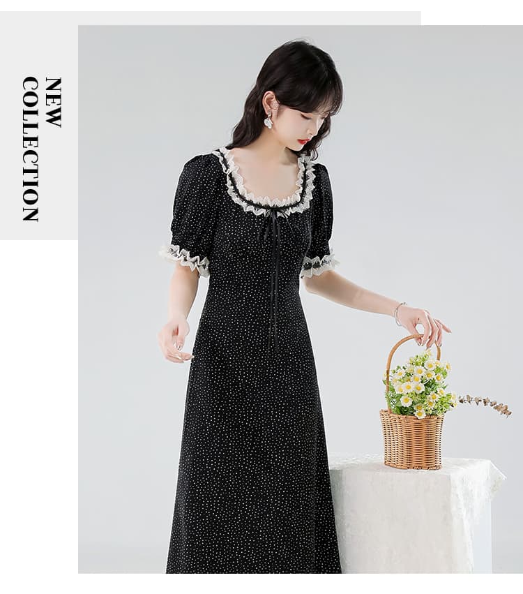 실제 촬영 2025 여름 새로운 검정색 도트 무늬 여성 드레스 레이스 한 부서 chic Chic 착용 가져 가라. 롱 스커트 상세 이미지 15