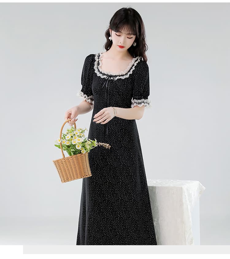 실제 촬영 2025 여름 새로운 검정색 도트 무늬 여성 드레스 레이스 한 부서 chic Chic 착용 가져 가라. 롱 스커트 상세 이미지 17