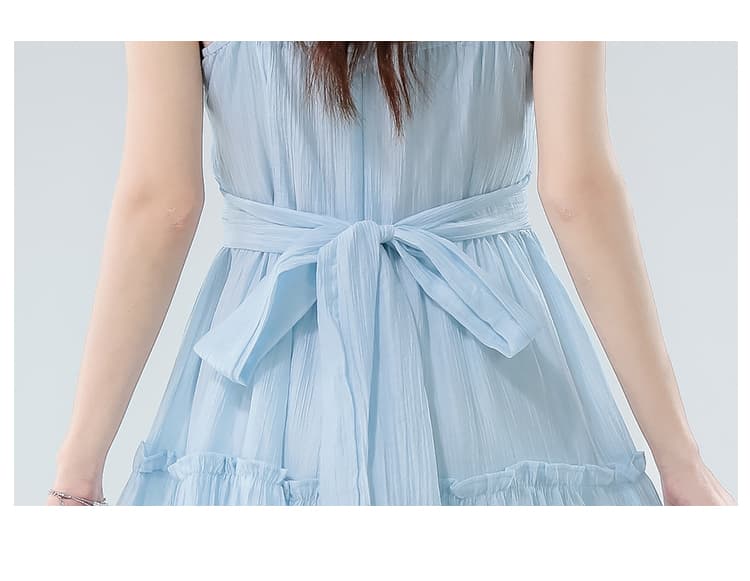 실사 여름 새로운 프랑스식 부드러운 바람 파란색 슬립 드레스 휴가 착용 가져 가라. 허리 수축 한 마디 롱 스커트 여성 상세 이미지 22