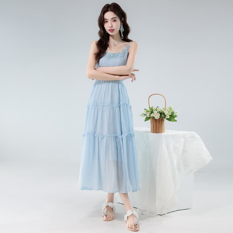 실사 여름 새로운 프랑스식 부드러운 바람 파란색 슬립 드레스 휴가 착용 가져 가라. 허리 수축 한 마디 롱 스커트 여성 이미지 3