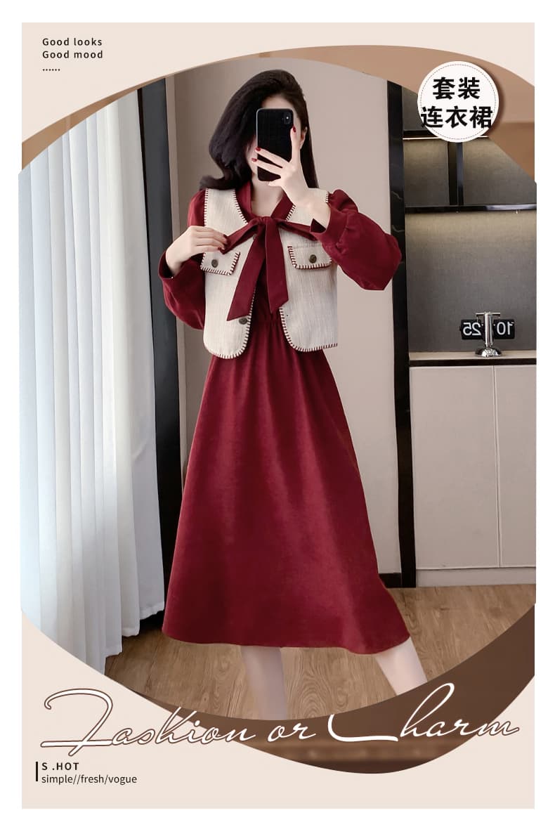 실사 재고 상품 분위기 센스 착용 가져 가라. 베스트 빨간색 셔츠 여성 드레스 2025 봄 새로운 작은 샤넬 스타일 투피스 세트 상세 이미지 1