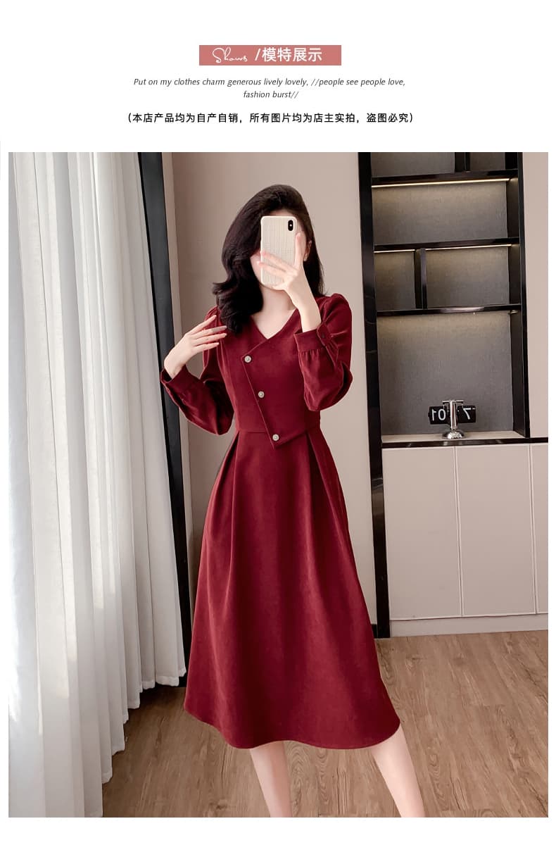 실사 낭만주의 레트로 신년 빨간색 여성 드레스 봄 가을 2025 프랑스식 그는 벤 연삭 털 V넥 치마 고급 센스 상세 이미지 7