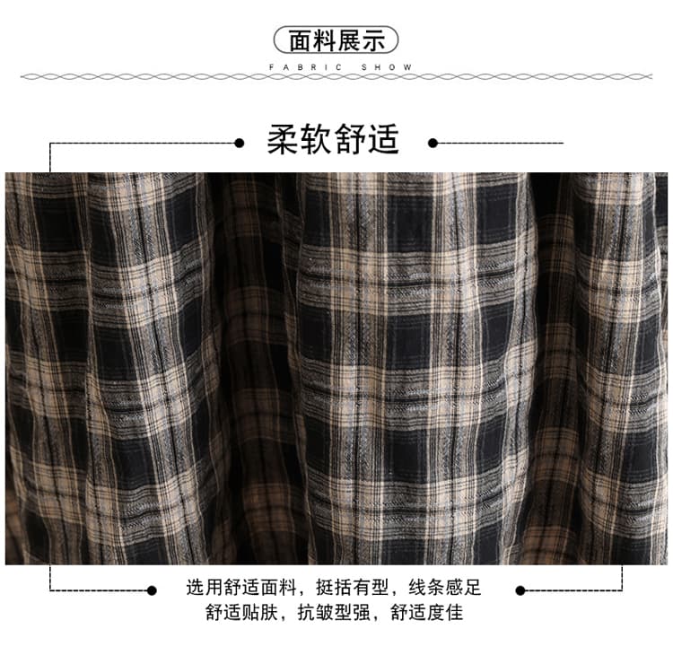 실사 2026 가을 레트로 펌프 Pleat 디자인 V넥 체크무늬 루즈핏 여성 드레스 예술 센스 체크무늬 휴가 롱 스커트 상세 이미지 6