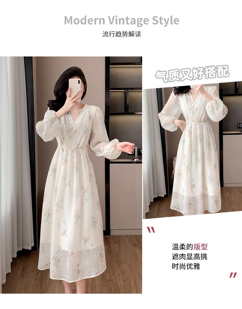 실사 2026 봄 가을 문예 프랑스식 꽃무늬 V넥 단추 허리 수축 여성 드레스 새로운 품격 롱 스커트 상세 이미지 3