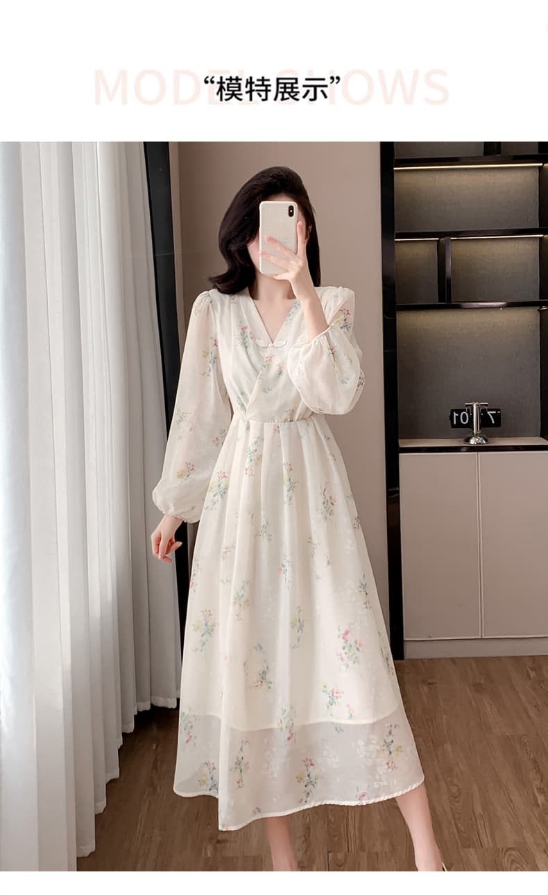 실사 2026 봄 가을 문예 프랑스식 꽃무늬 V넥 단추 허리 수축 여성 드레스 새로운 품격 롱 스커트 상세 이미지 8
