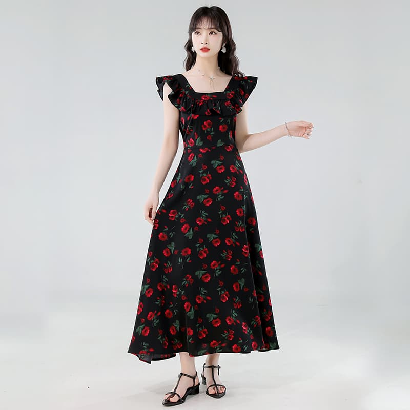 실사 프랑스식 레트로 장미 드레스 여름 새로운 작은 날다 소매 허리 수축 품격 고급 센스 슬립 롱 스커트 이미지 6