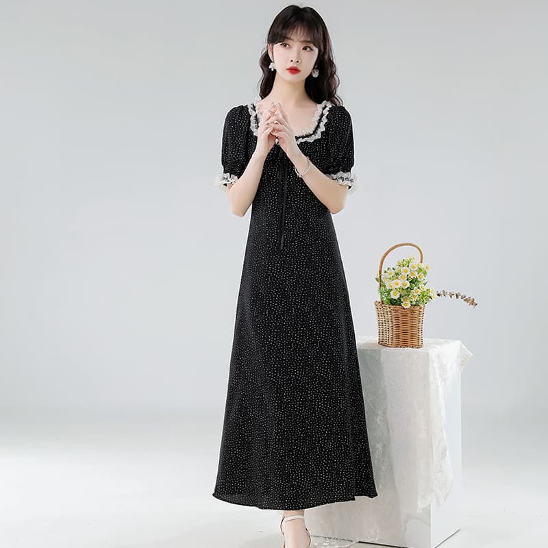 실사 2026 여름 새로운 검정색 도트 무늬 여성 드레스 레이스 한 부서 chic Chic 착용 가져 가라. 롱 스커트 이미지 3