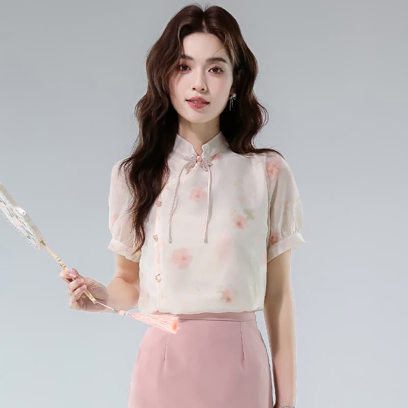 실사 새로운 중국풍 반팔 핑크색 여성 셔츠 202 여름 새로운 얇은 스타일 작은 대중 쉬폰 톱 이미지 2