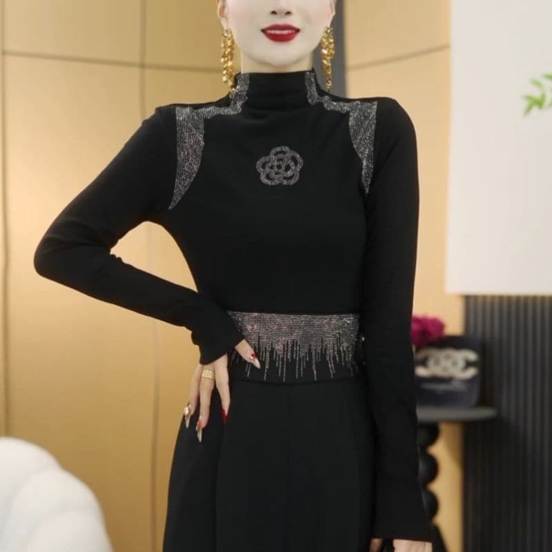 겨울 새로운 패션 얇은 플러시 반하이넥 기본 셔츠 다용도 디자인 섹션 동백 나무 핫픽스 긴팔 맨위 여성 상세 이미지 7