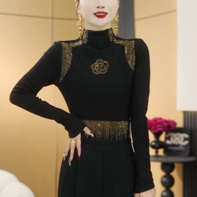 겨울 새로운 패션 얇은 플러시 반하이넥 기본 셔츠 다용도 디자인 섹션 동백 나무 핫픽스 긴팔 맨위 여성 상세 이미지 9