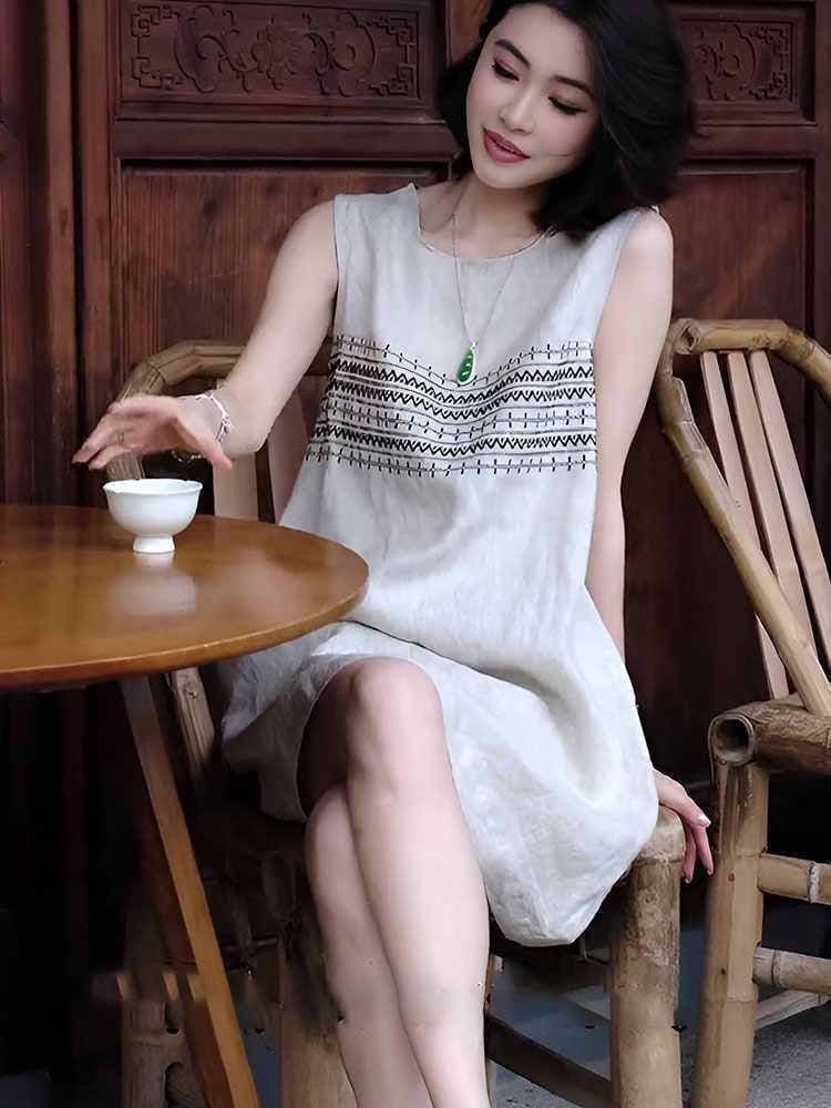 프랑스식 레트로 면 린넨 민소매 드레스 여름 여성 2026 새로운 올해 인기 작은 대중 아니요 명중 섹션 조끼 치마 상세 이미지 3