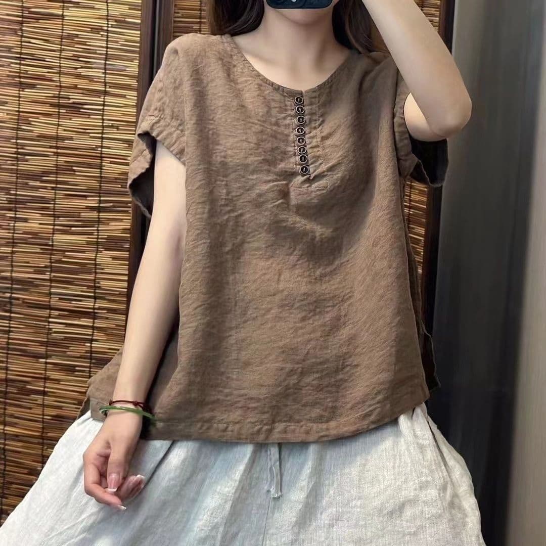 여름 새로운 문예 레트로 고급 단색 면 린넨 맨위 여성 루즈핏 라운드 넥 캐주얼 미니멀리즘 반팔 풀오버 셔츠 이미지 5