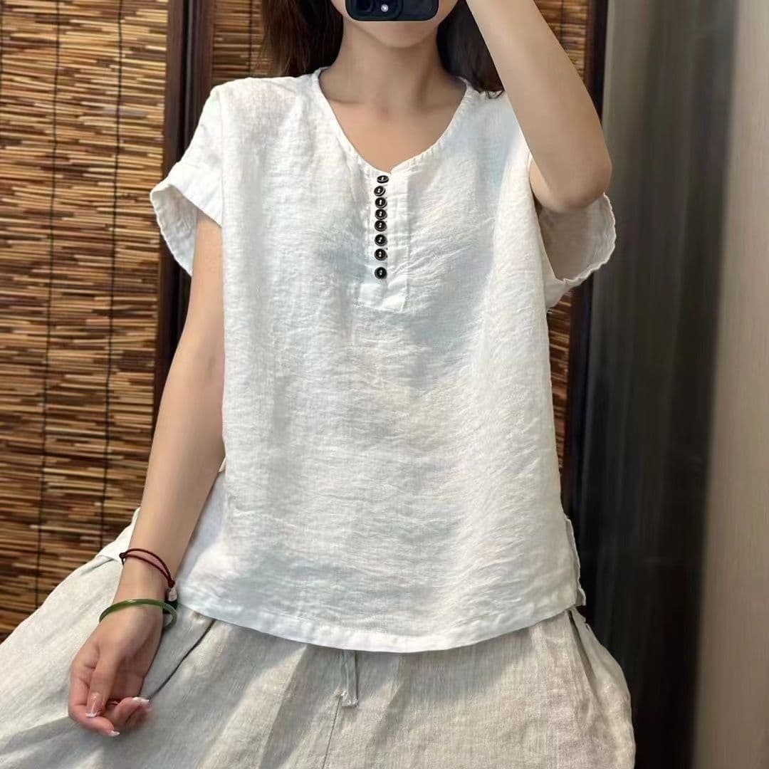 여름 새로운 문예 레트로 고급 단색 면 린넨 맨위 여성 루즈핏 라운드 넥 캐주얼 미니멀리즘 반팔 풀오버 셔츠 상세 이미지 4