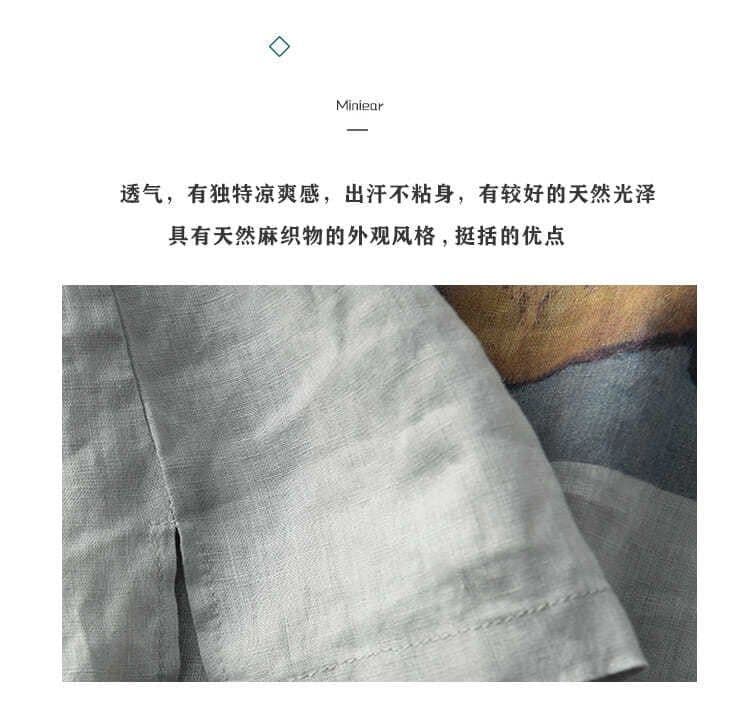 2026 새로운 여름 레트로 문예 프린트 면 린넨 맨위 여성 루즈핏 라운드 넥 반팔 티셔츠 다용도 풀오버 t 상세 이미지 3