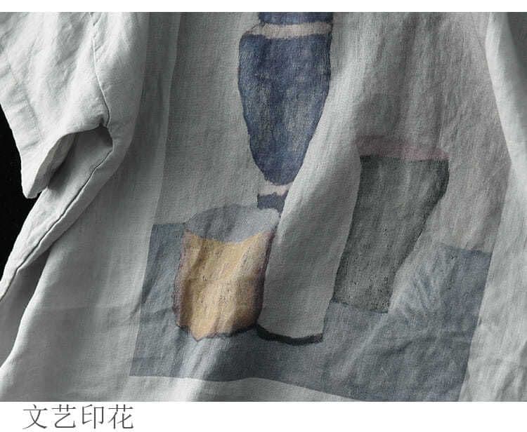 2026 새로운 여름 레트로 문예 프린트 면 린넨 맨위 여성 루즈핏 라운드 넥 반팔 티셔츠 다용도 풀오버 t 상세 이미지 28