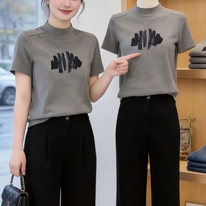 디자인 센스 반하이넥 반팔 티셔츠 여성 여름 순수한 욕망 바람 핫걸 몸매 가꾸기 슬림해 보이는 프린트 풀오버 맨위 ins