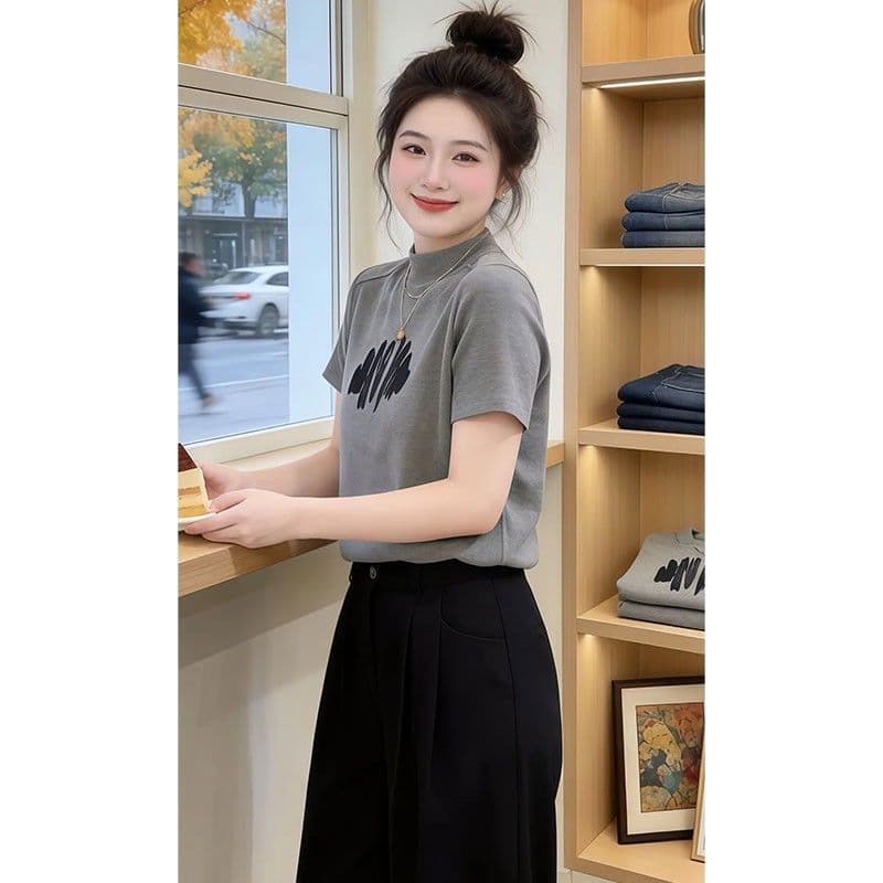 디자인 센스 반하이넥 반팔 티셔츠 여성 여름 순수한 욕망 바람 핫걸 몸매 가꾸기 슬림해 보이는 프린트 풀오버 맨위 ins 상세 이미지 2