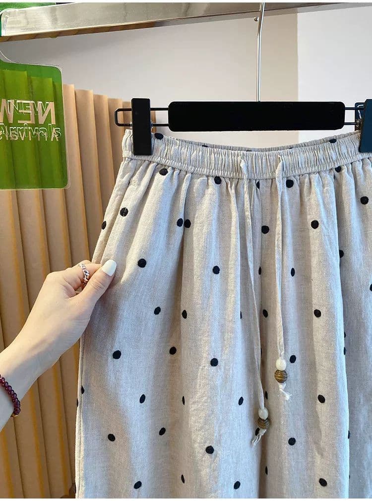 레트로 도트 무늬 면 린넨 캐주얼 바지 빅 사이즈 여성 의류 2026 새로운 루즈핏 캐주얼 다용도 넓은 다리 스트레이트 팬츠 트렌디 상세 이미지 19