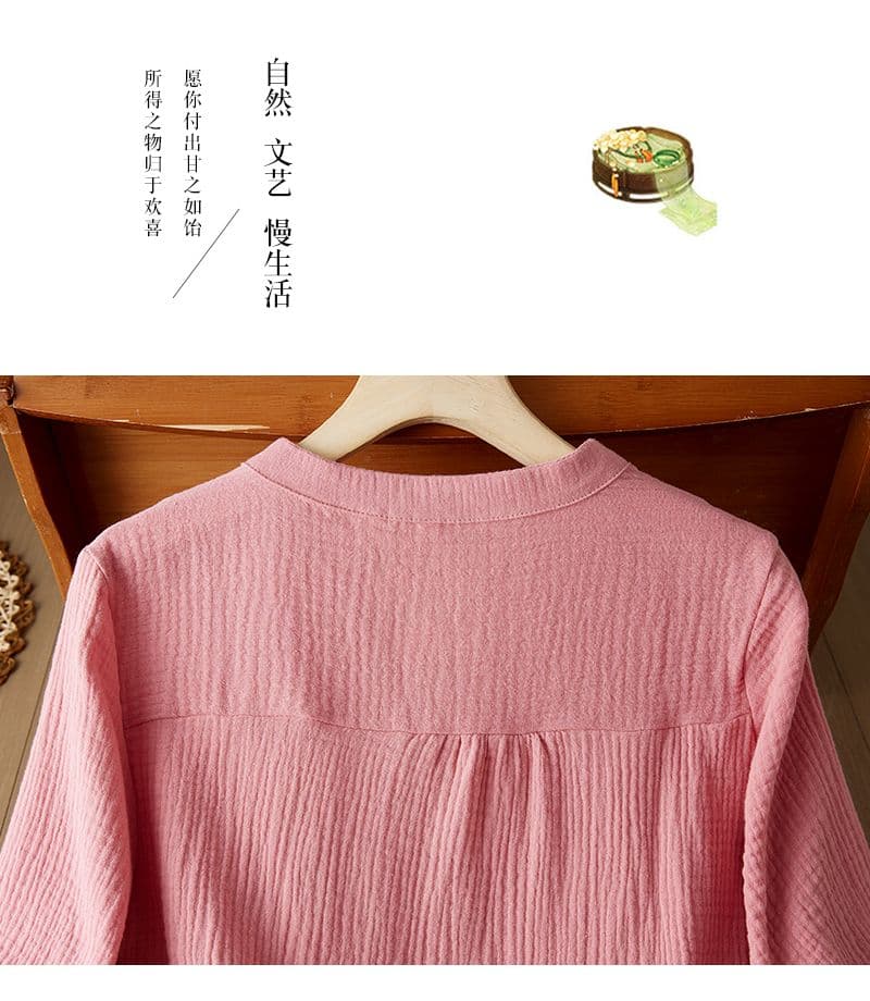 2026 면 린넨 새로운 이중층 실 셔츠 자수 중식 레트로 V넥 엄마 셔츠 루즈핏 국풍 맨위 상세 이미지 20